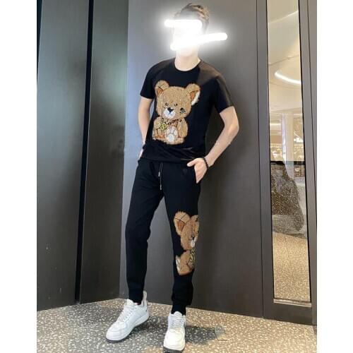 Drop shipping designer Tracksuit 2021 cotton clothes man set 2 pieces hot drilling mens Rhinestones tracksuits