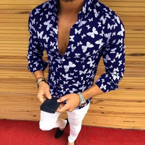 Spring Autumn Men Long Sleeve Fashion Shirt Casual Mens Turn-Down Collar Shirts Elegant Butterfly Printed Button Cardigan Tops