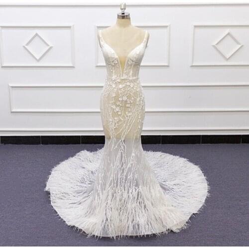 Wedding Dress Deep V Mermaid Lace With Feather Boho Bride Bridal Gown SweepTrain vestido de noiva robes de mariage aliex SJ434
