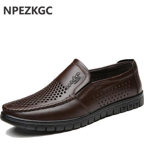 NPEZKGC Spring Summer Men Shoes Mens Leather Loafers Non-slip Casual Middle-aged Wear-resistant Soft Bottom Business Shoes Man