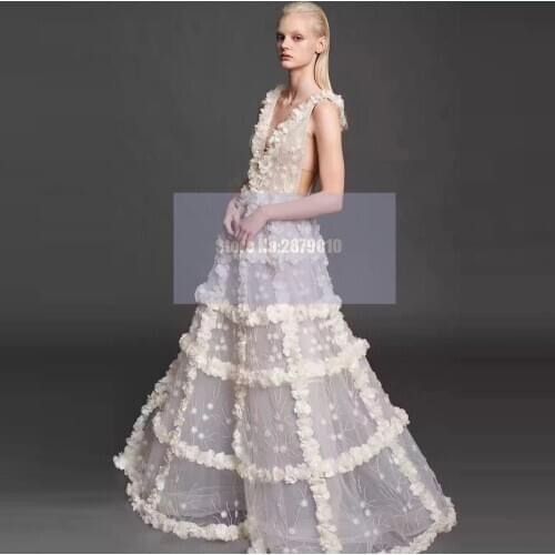 Runway V-Neck Sleeveless Flowers Evening Dresses Floor-Length Formal Dress Prom Dress 2020 For Turkish Robe De Soiree Aibye