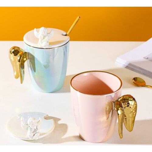 Pearl White Pink Blue Coffee Cups With Angel Lid Wing Handle Spoon Cute Porcelain Tea Milk Water Mug Best Wedding Birthday Gifts