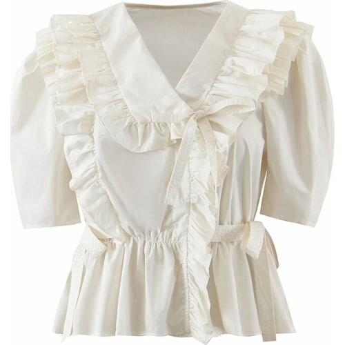 2021 Women High Quality Pure Beige V-Neck Short Sleeve Short Shirt Female Vintage Lotus Leaf Decoration Sweet Girly Style Shirt