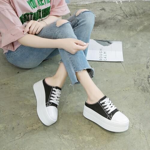 Women canvas shoes Lace-up Casual Shoes Flat platform shoes height increasing sneakers Woman white black loafers slippers D01-27