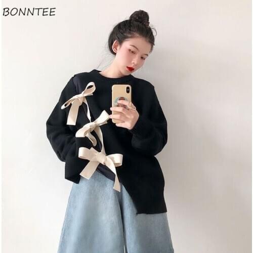 Sweaters Women Ins Sweet Bow Design Chic Korean Vintage Black Popular Preppy Girls Knitwear Long Sleeve Fashion Womens Pullover