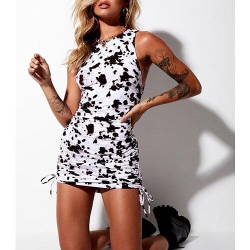 2021 Bodycon Mini Dress Drawstring Lace Up Cow Print Dresses For Women Sleeveless Tank O Neck Casual Woman Dress Streetwear