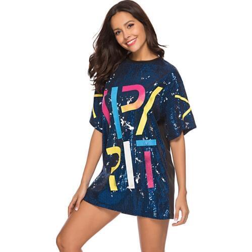 2021 Women Sequined Dress Chic Summer Graphic SPIRIT Printed Super Shiny Half Sleeve O-neck Straight T shirt Dress Ins Hot SP060