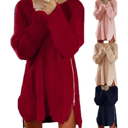 Woman dress Sexy Solid Color Long Sleeve O Neck dress women Sideway Zip Loose Mini Knitted Dress dresses for women femme robe