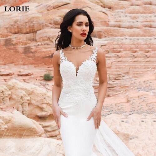LORIE Sexy Mermaid Wedding Dress Sleeveless Lace Appliqued Illusion Back Boho Wedding Gown Long Train Bride Dress Custom Made