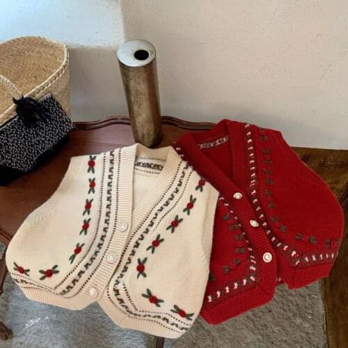 2021 New Autumn Baby Girls Knitted Cardigan Vest Korean Style Embroidery Floral Sleeveless Coats Toddlers Kids Retro Waistcoats