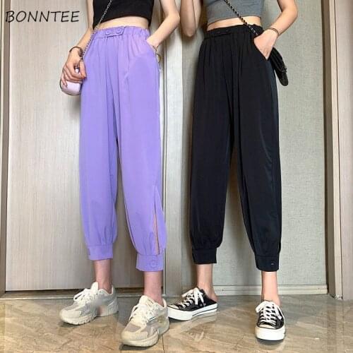 Pants Women Summer Simple Side-slit Casual Pure Streetwear BF Elastic Waist All-match Trendy Ankle-length Friend Cozy College