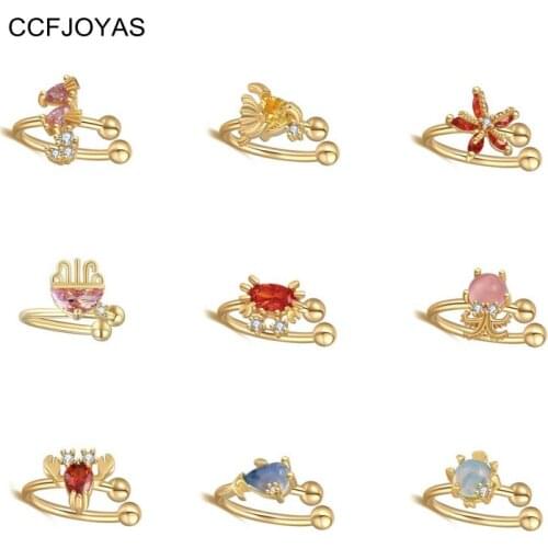 CCFJOYAS 9 pcs/set 18k Gold Plated Animal Clip Earrings Set for Women Simple INS Colorful Zircon No Piercing Clip on Earrings