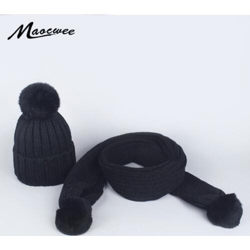 Childrens Winter Hat And Scarf Sets Real Rabbit Fur Pom Pom Hat Warm Knit Cap Beanie Skullies Hats For Girls and Adult Woman