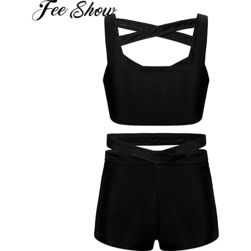 Kids Girls Stretchy Yoga Set Suit Cross Front Sleeveless Sports Bra Tops Crop Top Activewear Dance Shorts for Sports Workout Gym