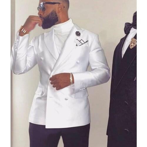 Double Breasted Wedding Tuxedo for Groom African 2 Piece Slim Fit Men Suits White Jacket with Black Pants Fashion Prom Blazer