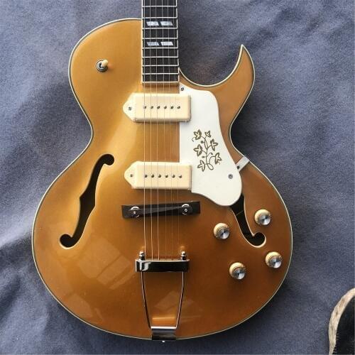 Kaiyun factory custom made p90 jazz medogo shepnguro dc guitar electronic pickup luz oro Bigsby vibrato guitar 0725