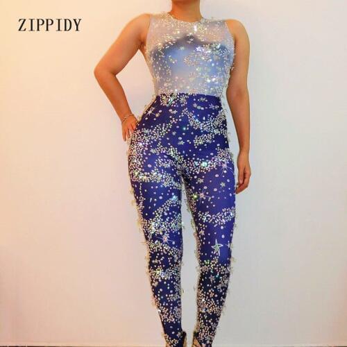 Sparkly Stars Crystals Blue Jumpsuit Glisten Rhinestones Costume Bodysuit Bar Stage Performance Outfit Party Celebrate Rompers
