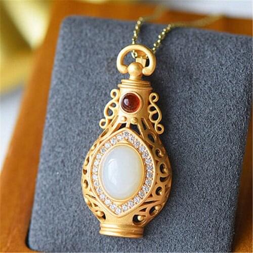Natural Hetian Jade White Jade Jasper Pendant S925 Sterling Silver Gilding Inlaid Jasper Clavicle Chain Ornament