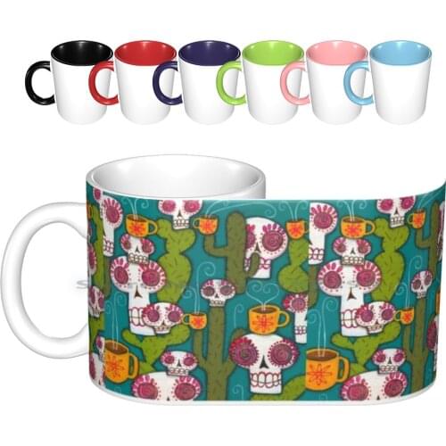 Skulls , Cacti And Atomic Coffee Ceramic Mugs Coffee Cups Milk Tea Mug Skull Skeleton Sugar Skull Day Of The Dead Painting Folk