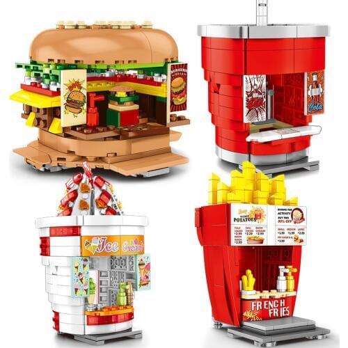 City Hamburger Ice Cream Drink French Fries Snack Selling Store Building Blocks Bricks Street View Toys for Children