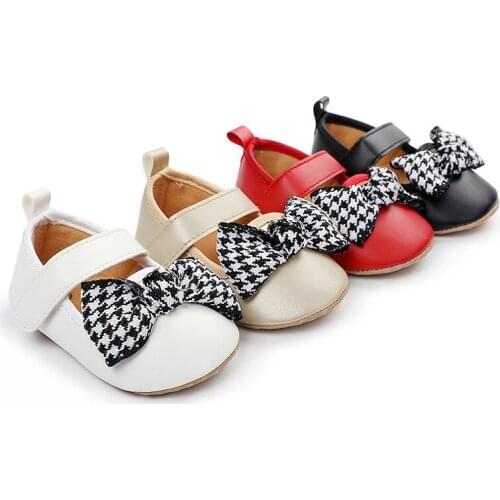 Red Baby Girls Walking Shoes with Thousand Bird Lattice Bow and PU Leather Black Velcro Soft Sole Prewalker for Newborn