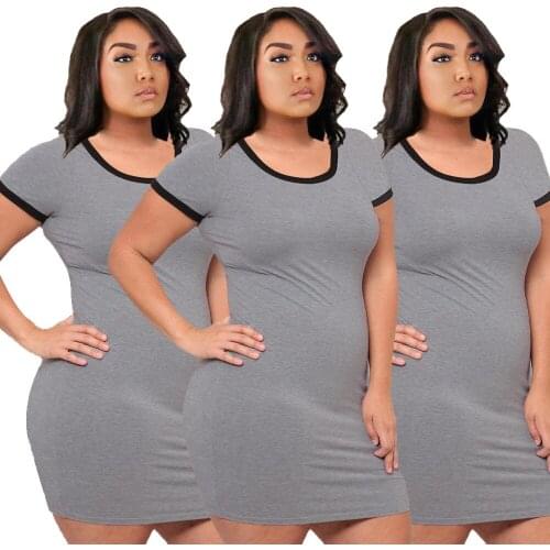 L-5XL women summer clothing 2021 Plus size dresses casual simple solid gray short sleeve o neck dress Wholesale Dropshipping