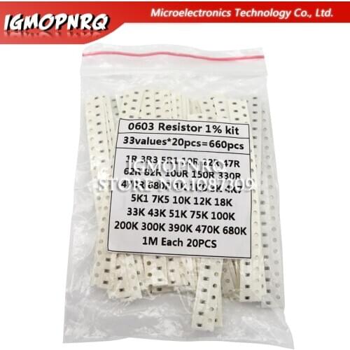 0603 SMD Resistor Kit Assorted Kit 1ohm-1M ohm 1% 33valuesX 20PCS=660PCS Sample Kit