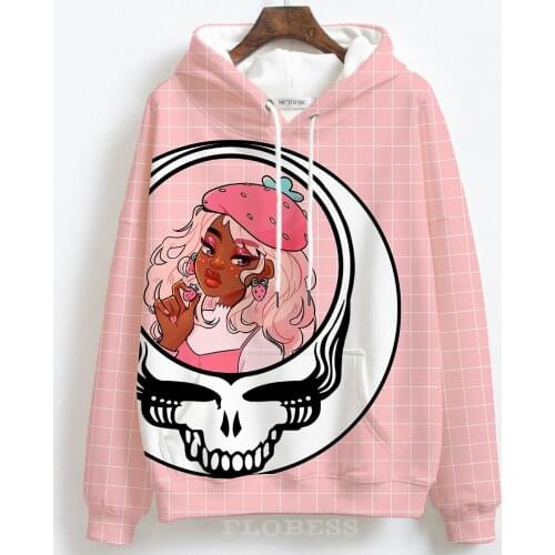 New 2022 Autumn Winter Custom Pink Plaid Black Girl And Skull Print Halloween Day Hoodies