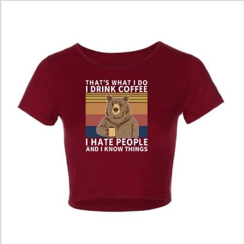 New Ladies Print Bear Beer Crop Top Slim Short Sleeves Casual Appliques Daily Tee