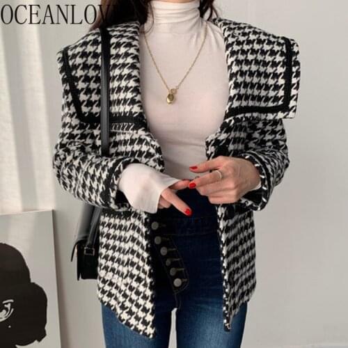 OCEANLOVE Autumn Winter Jackets Women Plaid Sailor Collar Vintage Korean Chic Casaco Feminino Inverno Woolen Elegant Veste Femme