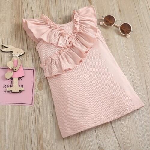 Newnorn Infant Girls Summer Casual Sleeveless Loose Dress Solid Color V-neck Ruffled Hem One Pcs Green/ Pink/ Tangerine