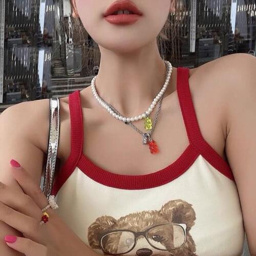 Origin Summer Charming Candy Colors Little Bear Pendant Necklace for Women Imitation Pearl Beaded Rhinestone Necklace Jewelry
