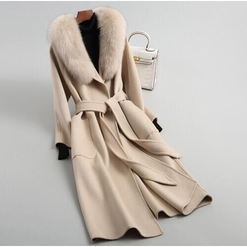 100% Wool Coat Women Natural Fox Fur Collar Long Slim Woolen Coats With Belt Autumn Winter Female Jacket 2020 JH17196