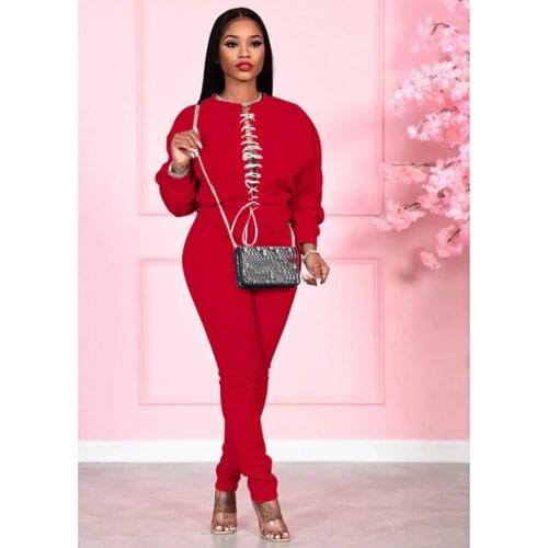 Casual Two Piece Womens Set Bandage Lace Up Stitch Sweatshirt + Long Pants Tracksuit Sportsuit Streetwear Clothes Ladies Outfit