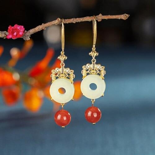 S925 Sterling Silver South Red Earrings Natural Hetian Jade Safety Buckle Earrings Classic Noble Dignified Earrings Eardrop Earr