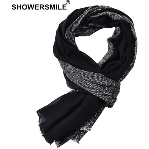 SHOWERSMILE Black Cotton Linen Scarf Men Long Patchwork Scarf for Men Tassel Winter Mens Scarves Fashion Mens Accessories