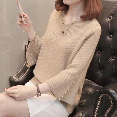 QRWR 2020 Autumn Winter Women Sweater Fasion V Neck Beading Long Sleeve Pullover Knitted Korean Flare Sleeve Sweater Women
