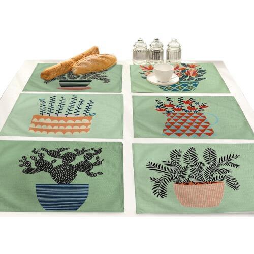 Green Plants Cactus Printing Placemat for Dining Table Cloth Kitchen Accessories Insulation Mat Cup Coaster Mantel Individual