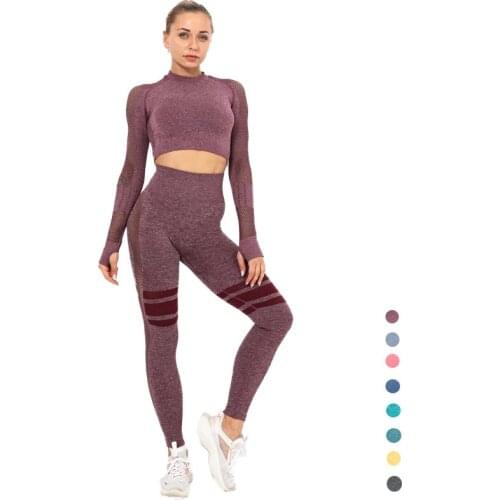 Women Seamless Fitness Sports Suits GYM Long Sleeve Shirts High Waist Running Leggings Workout Pants Yoga Suit Sport For Women