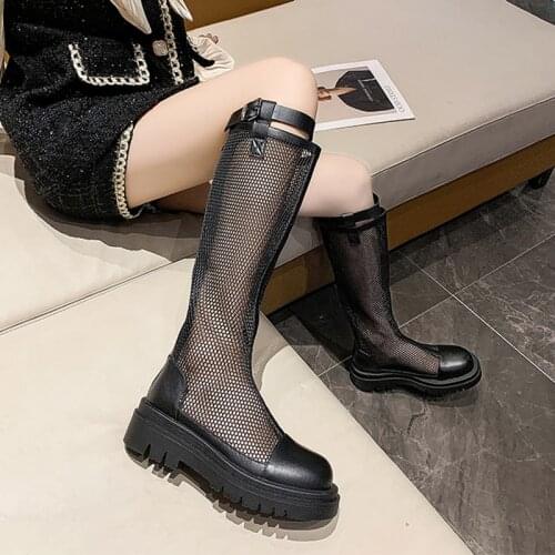 Female British Style Summer Thin Section Long-Tube Knight Boots Breathable Hollow Mesh Cool Knee-Length Boots Hollow Boots