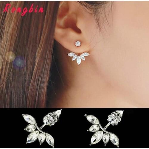 Leaf Crystals Stud Earring for Women Silver color Double Sided Fashion Jewelry Earrings female Ear Jacket brincos Pending Mujer