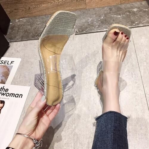 2020 Summer New Slippers Female Mules Transparent Crystal Thick High Heels Women Shoes Woman Bling Shine Casual Slides Plus Size