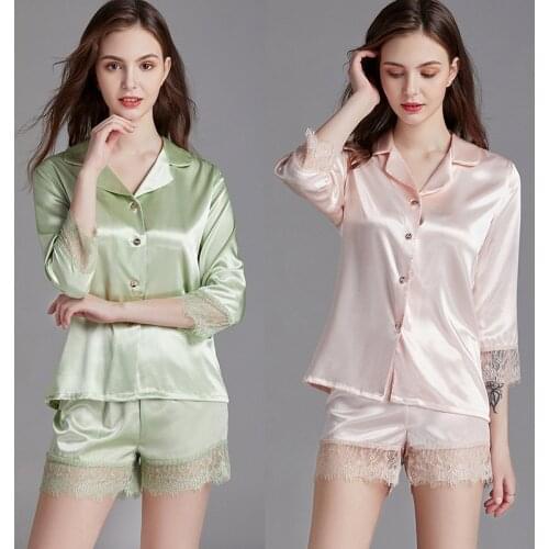 JULYS SONG Sexy Lace Pajamas Set 2 Pieces Stain Silk Women Summer Sleepwear 3/4 Sleeve Shorts Suit Pure Color Homewear