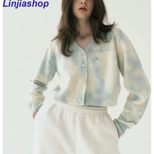 Tie Dye Knit Cardigan Women Autumn V-neck Design Short Sweater Coat Korean Fashion All-match Long Sleeve Cardigans
