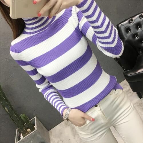 2019 Autumn Winter New Women Pullovers Sweater Knitted Elasticity Casual Jumper Fashion Stripe Turtleneck Female Sweaters R923