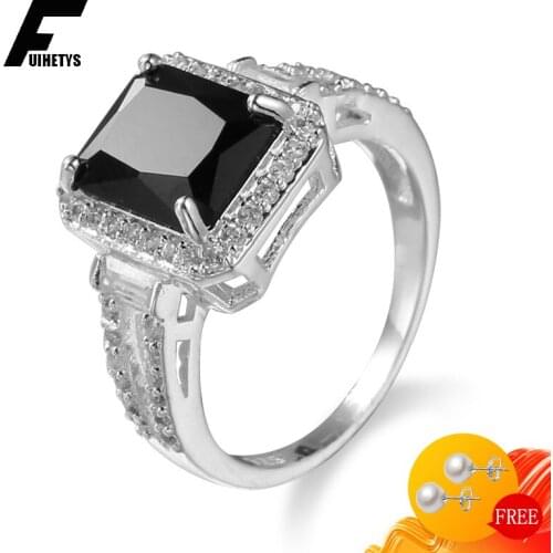 Fashion Women Ring 925 Silver Jewelry Rectangle Obsidian Zircon Gemstone Finger Rings Ornaments for Wedding Engagement Party