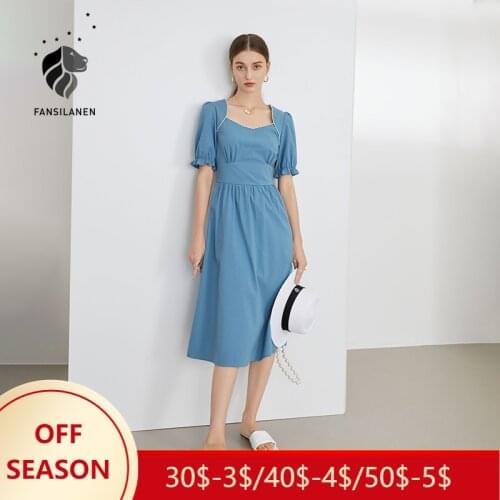FANSILANEN Office Lady French Square Collar Blue Long Dress 2021 Summer New Retro Puff Sleeve A-line High Waist Princess Dress