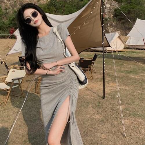 Dress Womens 2021 Summer New French Hepburn Lightly Cooked Drawstring Dress Design Sense Slim Thin Slit Long Skirt