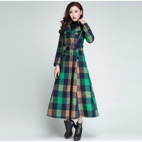 Women Wool Vintage Coat Plaid Women Long Double Breasted Woolen Coats Winter Overcoat Jackets Trench