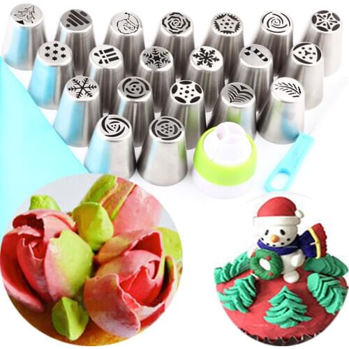 20Pcs Icing Flower Piping Christmas New Year Nozzles Party Russian Tips And 1 Brush 1 Silicone Bag 1 Converter Coupler